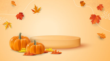 Podium for product display with autumn leaves and pumpkin. Vector illustration.のイラスト素材