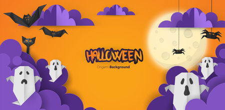 Paper craft style vector design of halloween background. photo realistic illustration.のイラスト素材
