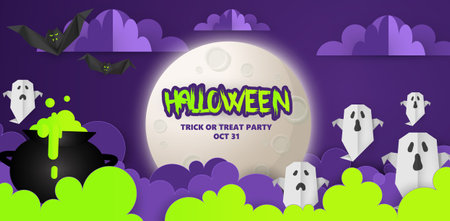 Halloween banner with full moon and ghost on purple background. Vector illustration.のイラスト素材