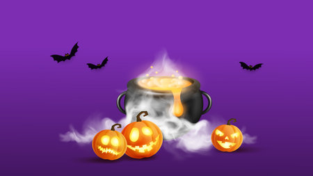 Halloween background with cauldron and pumpkins. Vector illustration.のイラスト素材