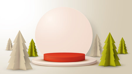 Podium for product presentation with pine trees and round podium. Vector illustration.のイラスト素材