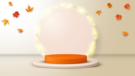 Podium round stage illuminated by spotlight and falling autumn leaves. Vector illustrationのイラスト素材