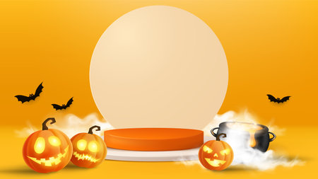 Halloween background with pumpkins and white podium. Vector illustration.のイラスト素材