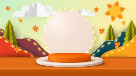 Abstract round podium display with colorful autumn scene background. Vector illustration.のイラスト素材