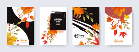 Autumn leaves banners set vector illustration. Fall season design elements.のイラスト素材