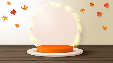 Autumn background with round podium and falling leaves. Vector illustration.のイラスト素材
