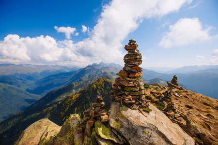 Atop a mountain lined with rocksの写真素材