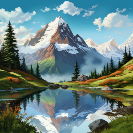 Mountain landscape with lake and reflection in water. vector illustration.の素材