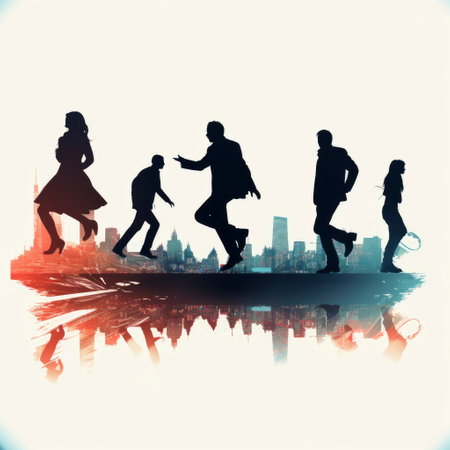 Silhouettes of people on the background of the city. vector illustrationの素材