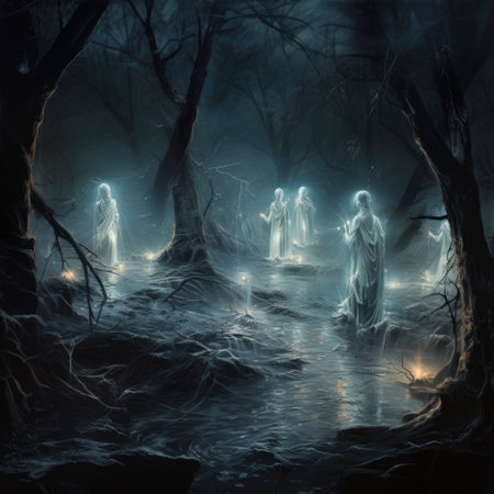 Ghosts in the forest at night, 3d rendering. computer digital drawing.の素材