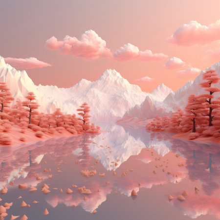 Fantasy landscape with lake and mountains in the background, 3d renderの素材