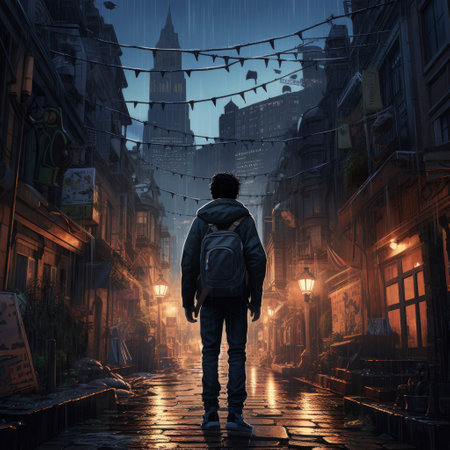 Young man with backpack standing on a city street in the rain.の素材
