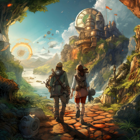 Digital painting of a man and a woman walking on a path in a fantasy worldの素材