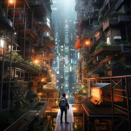 Man walking in Hong Kong city at night. This is a 3d render illustrationの素材