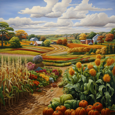 Digital painting of a farm in the countryside with fields of corn and pumpkinsの素材
