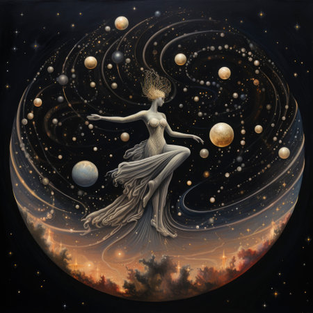 Mystical space background with a mermaid and planets. hand drawn illustrationの素材