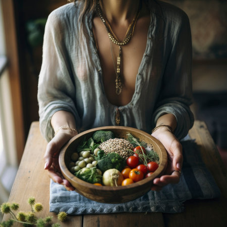 Woman holding bowl with fresh organic vegetables. Healthy eating, vegetarian food conceptの素材