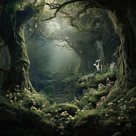 Mysterious dark forest. fantasy landscape. 3D rendering.の素材