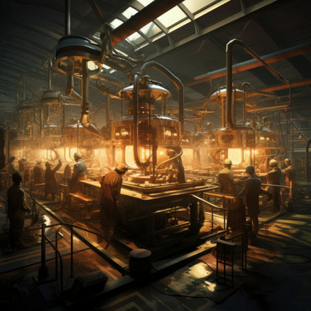 3D illustration of the interior of a brewery with people working in the backgroundの素材