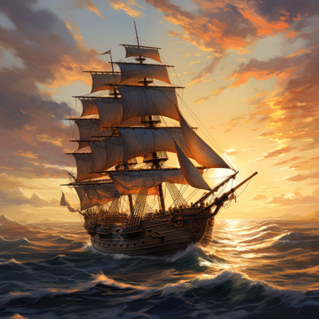 Sailing ship in the sea at sunset. 3D illustration.の素材