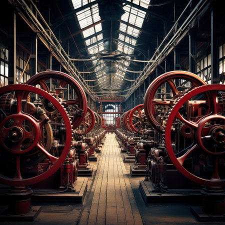 Industrial interior of an old factory with large red machinery and equipmentの素材