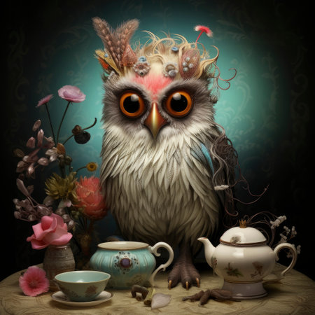 Owl with teacup and teapot on the tableの素材