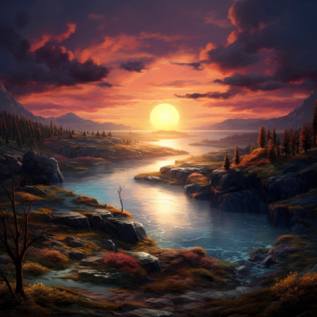 Beautiful sunset over the lake in the mountains. digital painting.の素材