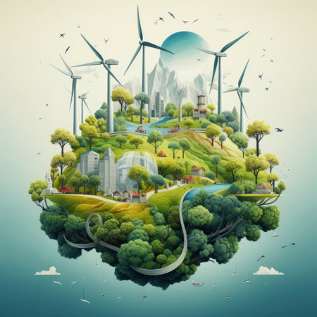Ecology concept with green city and wind turbines in the background.の素材