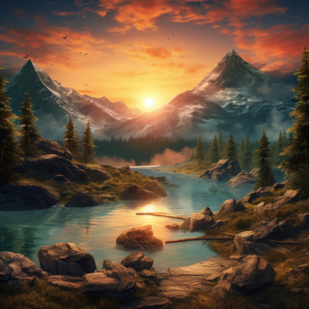 Fantasy landscape with mountains and lake at sunset. digital painting.の素材
