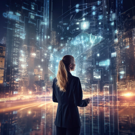 Back view of businesswoman looking at night city with digital hologramの素材