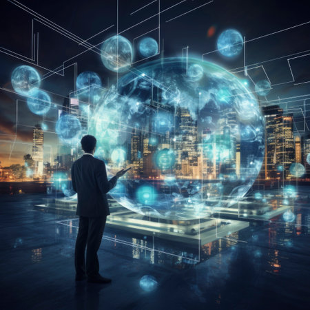 Businessman in modern city using global network interface. 3D renderingの素材