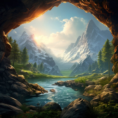 fantasy landscape. mountain river and forest. 3D illustration.の素材