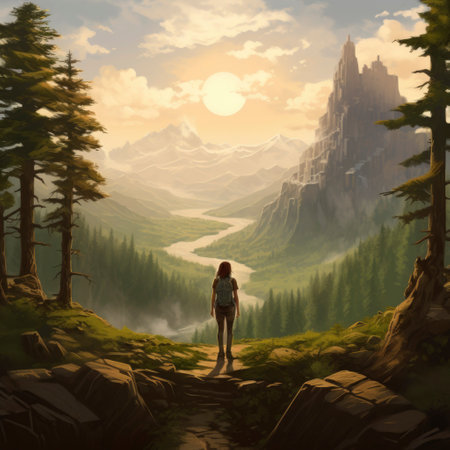 Girl standing on a path in the middle of the forest and mountainsの素材