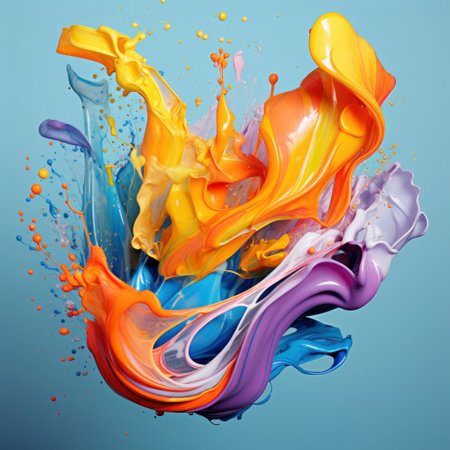 Colored splashes of paint on a blue background. 3d renderingの素材