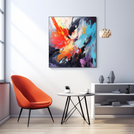Modern living room interior with orange armchair, coffee table and painting on the wall. 3D Renderingの素材