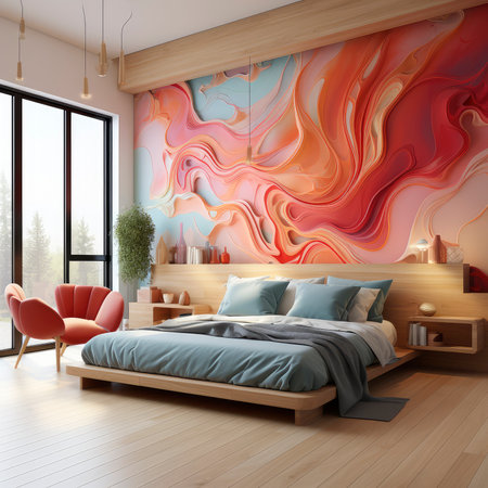 interior of modern bedroom with red armchair and wooden floor. 3d renderingの素材