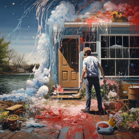Digital composite of man standing in front of broken house with splashesの素材