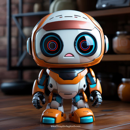 3D rendering of a cute robot in a home interior. The robot is smiling.の素材