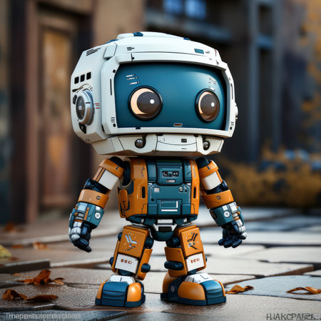3D rendering of a robot on the street in the city.の素材