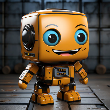 3d rendering of a cute robot in a factory with a smileの素材