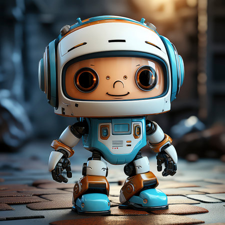 3d rendering of a cute robot in an abandoned space station.の素材