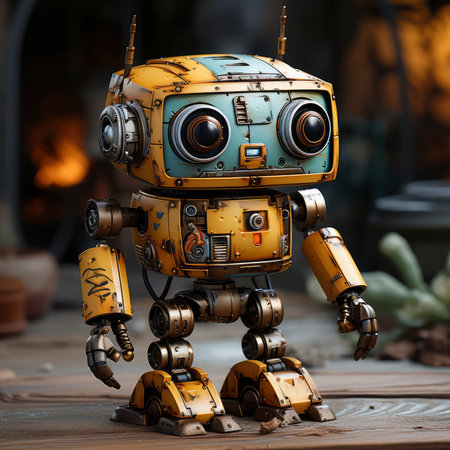 Vintage robot toy on a wooden table. 3d rendering.の素材