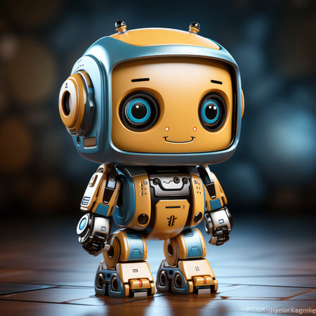 3D rendering of a cute robot on a dark background with space for textの素材