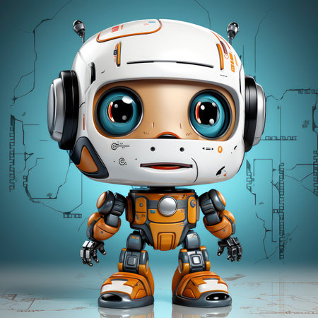 Cute robot with headphones on the background of the graph. 3d renderingの素材