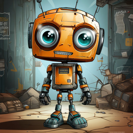 Cute cartoon robot in the abandoned factory. Vector illustration of a retro robot.の素材
