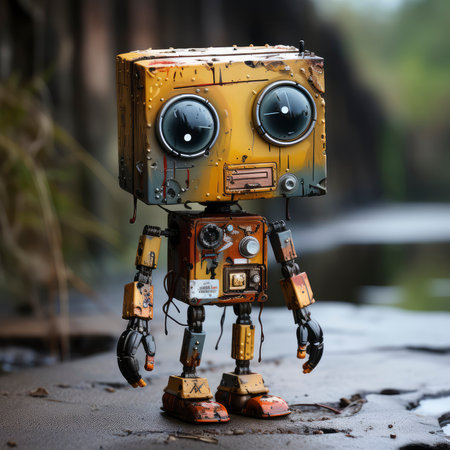 Vintage tin robot toy standing on a wet ground in the forestの素材