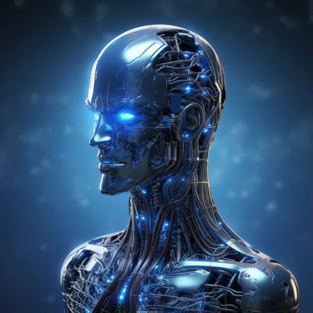3D rendering of a female cyborg with digital brain on blue backgroundの素材