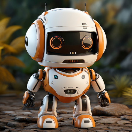 3D rendering of a little robot on a rock in the jungleの素材