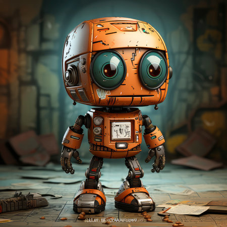 3D rendering of a retro robot in an old abandoned factory.の素材