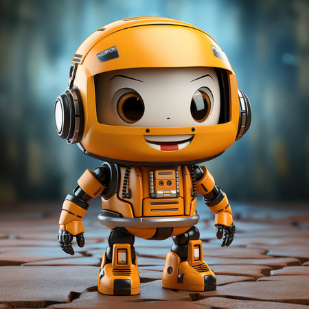 3d rendering of a cute robot with headphones on a blurred backgroundの素材